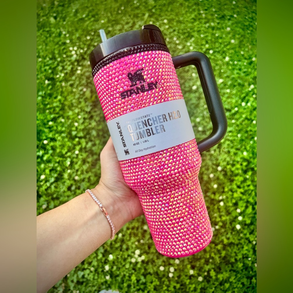 40oz Electric Pink Rhinestone Bling Stanley Quencher Tumbler w/ Black Rim
